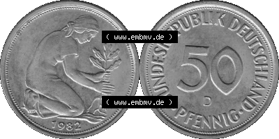 BRD Münzen Deutschland D 50 Pf. Umlaufmünze in Graustufen PNG 1950-2001, 50 Pfennig 1982 Münzzeichen "D" für München - "D" Sammlung