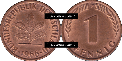 1 Pfennig Umlaufmünze in PNG 1950-2001, 1 Pfennig 1966, 1960er Jahre Stuttgart F, 1 / Ein - Pfennig BRD F, mit Mzz. F für Münzstätte... Sammlung