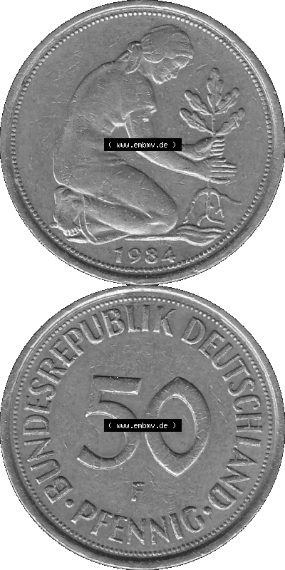 BRD Münzen Deutschland F 50 Pf. Umlaufmünze in Graustufen PNG 1950-2001, 50 Pfennig 1984 Münzzeichen "F" für Stuttgart - "F" Sammlung