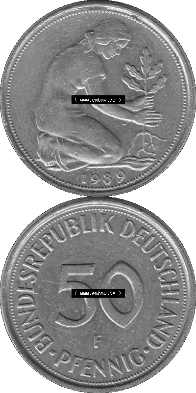 BRD Münzen Deutschland F 50 Pf. Umlaufmünze in Graustufen PNG 1950-2001, 50 Pfennig 1989 Münzzeichen "F" für Stuttgart - "F" Sammlung