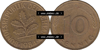 BRD Münzen 10 Pf. Umlaufmünze in PNG 1950-2001, 10 Pfennig 1984 G-01. Vorderseite und Rückseite mit Wert-Zahl auf einen Bild... Sammlung