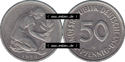 PNG 1950-2001, 50 Pfennig BRD Deutschland 1980 Münzstätte Karlsruhe "G" Sammlung