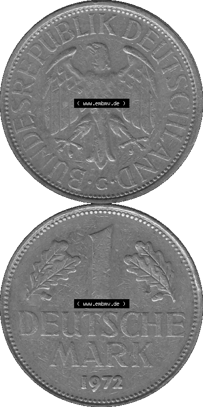 BRD Deutschland Münzen 1 / Eine DM / Eine Deutsche Mark in Graustufen PNG 1950-2001, 1 DM Deutsche Mark, 1972 Münzzeichen Karlsruhe... Sammlung