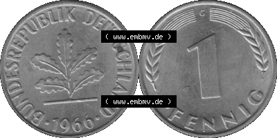 1 Pfennig BRD-Deutschland Umlaufmünze in Graustufen PNG 1950-2001, 1 Pfennig 1966, 1960er Jahre Münzstätte Karlsruhe G-01 Sammlung