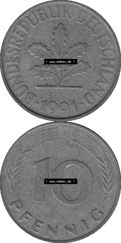 BRD Münzen 10 Pf. Umlaufmünze in PNG 1950-2001, 10 Pfennig 1991 F-05 Graustufen. Graues-Bild aus farbigen Bild erstellt mit... Sammlung