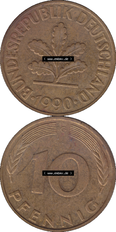 BRD Münzen 10 Pf. Umlaufmünze in PNG 1950-2001, 10 Pfennig 1990 G-01. Vorderseite und Rückseite auf einen Bild / Foto vertikal... Sammlung