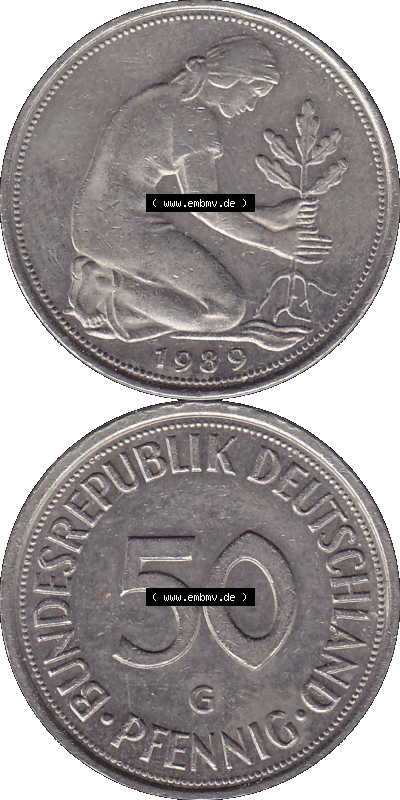 BRD Münzen 50 Pf. Umlaufmünze in PNG 1950-2001, 50 Pfennig 1989 G-01. Vorderseite und Rückseite auf einen Bild / Foto vertikal... Sammlung