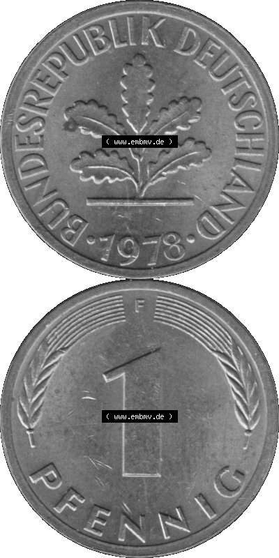 1 Pfennig Umlaufmünze in Graustufen PNG 1950-2001, 1 Pfennig 1978, 1970er Jahre Mzz. F Sammlung