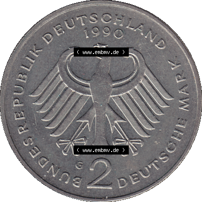 2 DM, Deutsche Mark Franz Josef Strauß 1990 Münzzeichen Karlsruhe G Sammlung