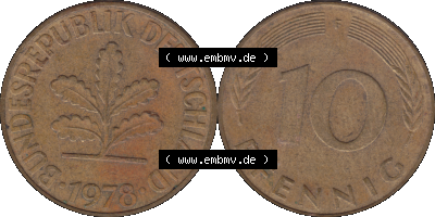 BRD Münzen 10 Pf. Umlaufmünze in PNG 1950-2001, 10 Pfennig 1978 F-01. Vorderseite und Rückseite mit Wert-Zahl auf einen Bild... Sammlung
