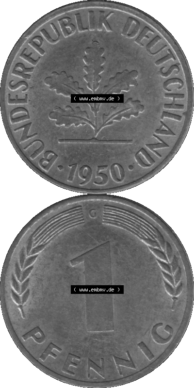 1 Pfennig BRD-Deutschland Umlaufmünze in Graustufen PNG 1950-2001, 1 Pfennig 1950, 1950er Jahre Münzstätte Karlsruhe G-01 Sammlung