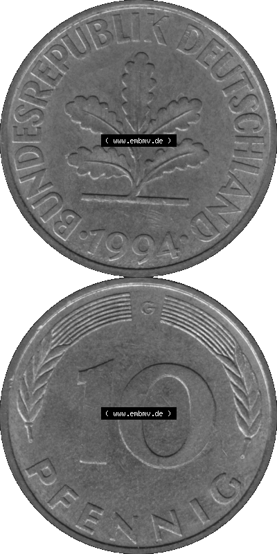 BRD Münzen 10 Pf. Umlaufmünze in PNG 1950-2001, 10 Pfennig 1994 G-01 Graustufen. Graustufen PNG-Bild, erstellt aus farbigen... Sammlung