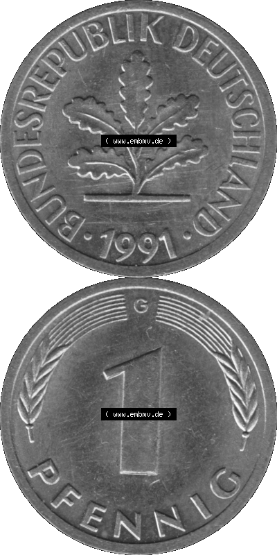 1 Pfennig BRD-Deutschland Umlaufmünze in Graustufen PNG 1950-2001, 1 Pfennig 1991, 1990er Jahre Münzstätte Karlsruhe G-01 Sammlung