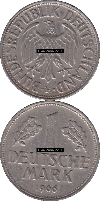 BRD Münzen 1 DM, Umlaufmünze 1950-2001, 1 / Eine DM - Eine Deutsche Mark, 1966 F-1. Münzen-Rückseite und Münzen-Vorderseite... Sammlung