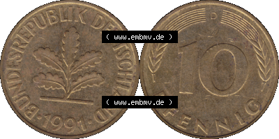 BRD Münzen 10 Pf. Umlaufmünze in PNG 1950-2001, 10 Pfennig 1991 D-10. Vorderseite und Rückseite mit Wert-Zahl auf einen Bild... Sammlung