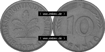 BRD Münzen 10 Pf. Umlaufmünze in PNG 1950-2001, 10 Pfennig 1971 F-01 Graustufen. Graustufen-Bild aus Farbigen Bilder mit Vorderseite... Sammlung