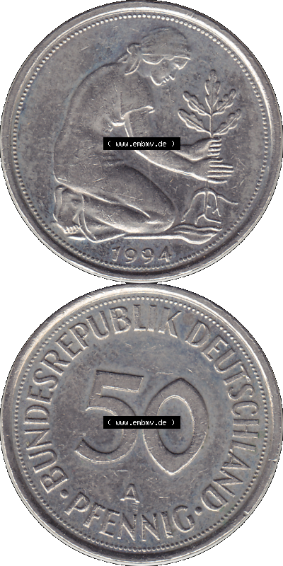 PNG 1990-2001, 50 Pfennig BRD Deutschland 1994 Mzz. Berlin A Sammlung