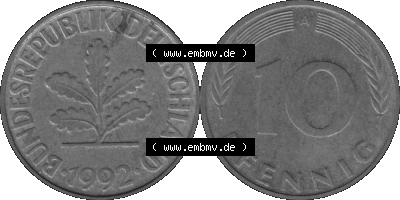 BRD Münzen 10 Pf. Umlaufmünze in PNG 1990-2001, 10 Pfennig 1992 A-01 Graustufen. Graustufen-Bilder der Vorderseite und Rückseite... Sammlung