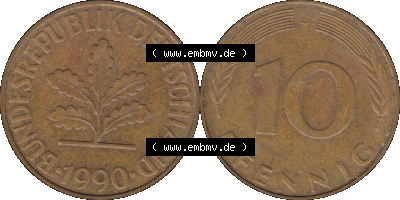 PNG 1950-2001, 10 Pfennig der Bundesrepublik Deutschland 1990 Münzstätte Hamburg Mzz. J Sammlung