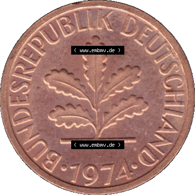 1 Pfennig Umlaufmünze in PNG 1950-2001, 1 Pfennig 1974, 1970er Jahre Stuttgart F, 1 / Ein - Pfennig BRD F, mit Mzz. F für Münzstätte... Sammlung