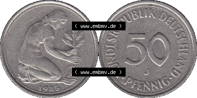 PNG 1950-2001, 50 Pfennig BRD Deutschland 1985 Münzstätte Hamburg Mzz. J Sammlung