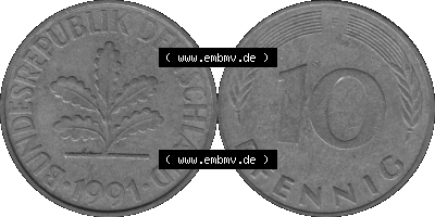 BRD Münzen 10 Pf. Umlaufmünze in PNG 1950-2001, 10 Pfennig 1991 F-05 Graustufen. Graustufen-Bild aus Farbigen Bilder mit Vorderseite... Sammlung