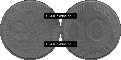 BRD Münzen 10 Pf. Umlaufmünze in PNG 1950-2001, 10 Pfennig 1993 J-01 Graustufen. Graustufen Bild aus zwei Bildern vom Scanner... Sammlung