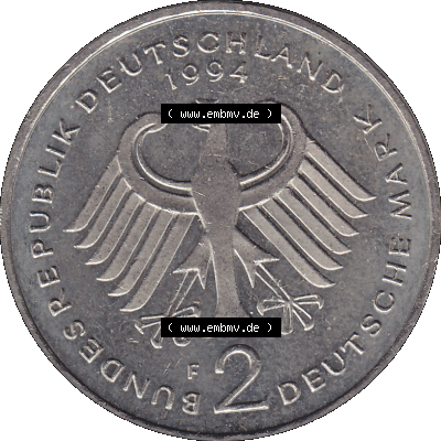 2 DM, Deutsche Mark Deutschland Willy Brandt - Herbert Frahm 1994 Münzzeichen Stuttgart Mzz. F Sammlung