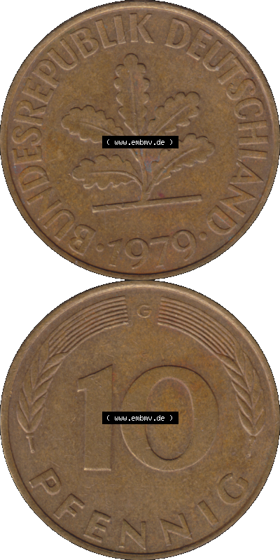 BRD Münzen 10 Pf. Umlaufmünze in PNG 1950-2001, 10 Pfennig 1979 G-01. Vorderseite und Rückseite auf einen Bild / Foto vertikal... Sammlung