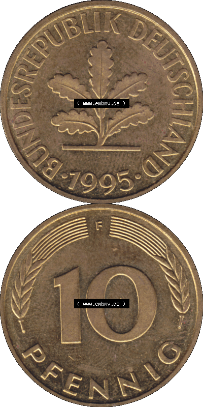 BRD Münzen 10 Pf. Umlaufmünze in PNG 1950-2001, 10 Pfennig 1995 F-04. Vorderseite und Rückseite auf einen Bild / Foto vertikal... Sammlung