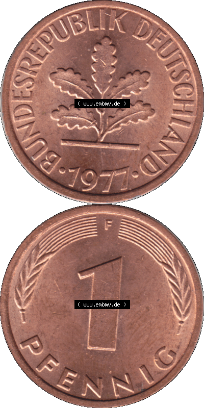 1 Pfennig Umlaufmünze in PNG 1950-2001, 1 Pfennig 1977, 1970er Jahre Stuttgart F, 1 / Ein Pfennig Münze Stuttgart Mzz. F Sammlung
