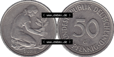 PNG 1950-2001, 50 Pfennig BRD Deutschland 1984 Münzstätte in Karlsruhe Mzz. G Sammlung