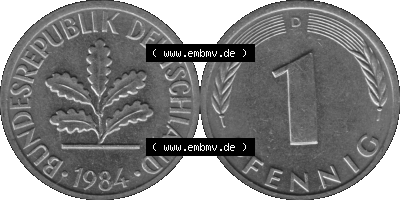 1 Pfennig Umlaufmünze in Graustufen PNG 1950-2001, 1 Pfennig 1984 München D Sammlung