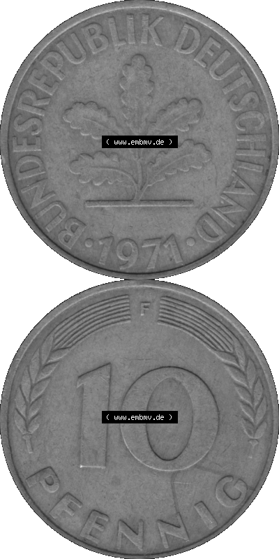 BRD Münzen 10 Pf. Umlaufmünze in PNG 1950-2001, 10 Pfennig 1971 F-01 Graustufen. Graues-Bild aus farbigen Bild erstellt mit... Sammlung