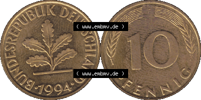 BRD Münzen 10 Pf. Umlaufmünze in PNG 1950-2001, 10 Pfennig 1994 F-01. Vorderseite und Rückseite mit Wert-Zahl auf einen Bild... Sammlung