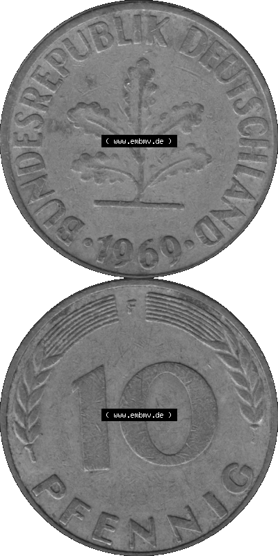 BRD Münzen 10 Pf. Umlaufmünze in PNG 1950-2001, 10 Pfennig 1969 F-08 Graustufen. Graues-Bild aus farbigen Bild erstellt mit... Sammlung