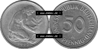BRD Münzen Deutschland A 50 Pf. Umlaufmünze in Graustufen PNG 1990-2001, 50 Pfennig 1992 Münzzeichen "A" für Berlin - "A" Sammlung