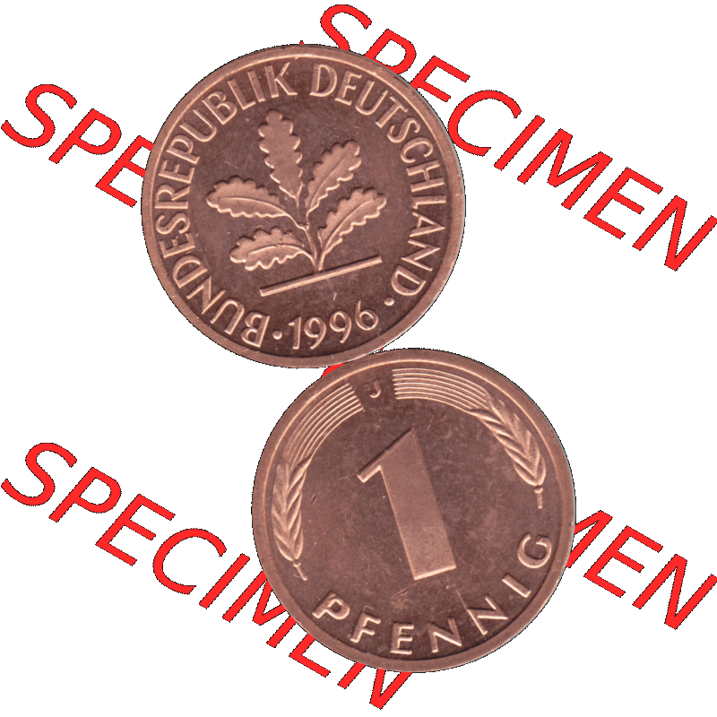 BRD Münzen 1 Pfennig Umlaufmünze in Farbigen PNG 1950-2001, 1 Pfennig 1996, 1990er Jahre J-01. Farbiges PNG-Bilder der 1 Pfennig Münze der BRD-Jahre. Vorderseite... Sammlung