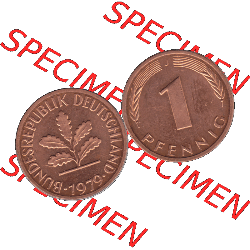 BRD Münzen 1 Pfennig Umlaufmünze in Farbigen PNG 1950-2001, 1 Pfennig 1979, 1970er Jahre J-01. 1 Pfennig Münze der BRD-Jahre. Vorderseite und Rückseite mit... Sammlung