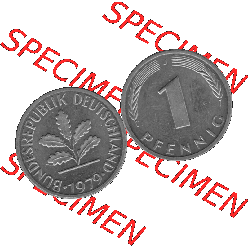 BRD Münzen 1 Pfennig Umlaufmünze in Graustufen PNG 1950-2001, 1 Pfennig 1979, 1970er Jahre J-01. Graustufen-Bilder der Vorderseite und Rückseite mit Wert-Zahl auf einen... Sammlung