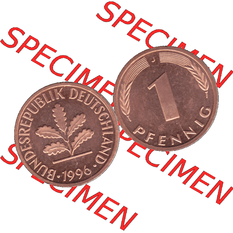 BRD Münzen 1 Pfennig Umlaufmünze in Farbigen PNG 1950-2001, 1 Pfennig 1996, 1990er Jahre J-01. 1 Pfennig Münze der BRD-Jahre. Vorderseite und Rückseite mit... Sammlung