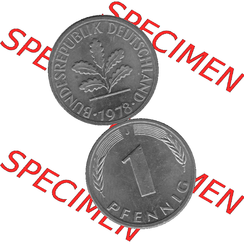 BRD Münzen 1 Pfennig Umlaufmünze in Graustufen PNG 1950-2001, 1 Pfennig 1978, 1970er Jahre J-01. Graustufen-Bild erstellt aus Farbigen Bild mit Vorderseite und Rückseite... Sammlung