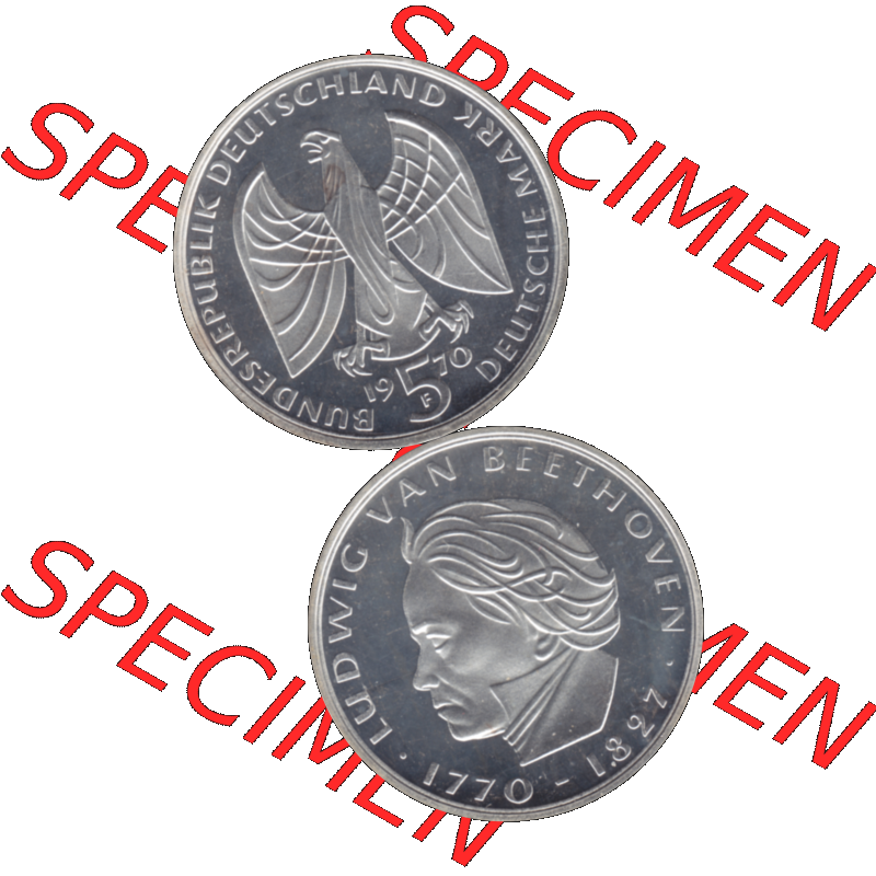 BRD Münzen 5 / Fünf Deutsche Mark, 5 DM Gedenkmünzen Silber 1970-1970, 5 DM-Deutsche Mark 1970 F-01 Ludwig von Beethoven 1770-1827 in PP. Farbiges PNG-Bilder der 5... Sammlung