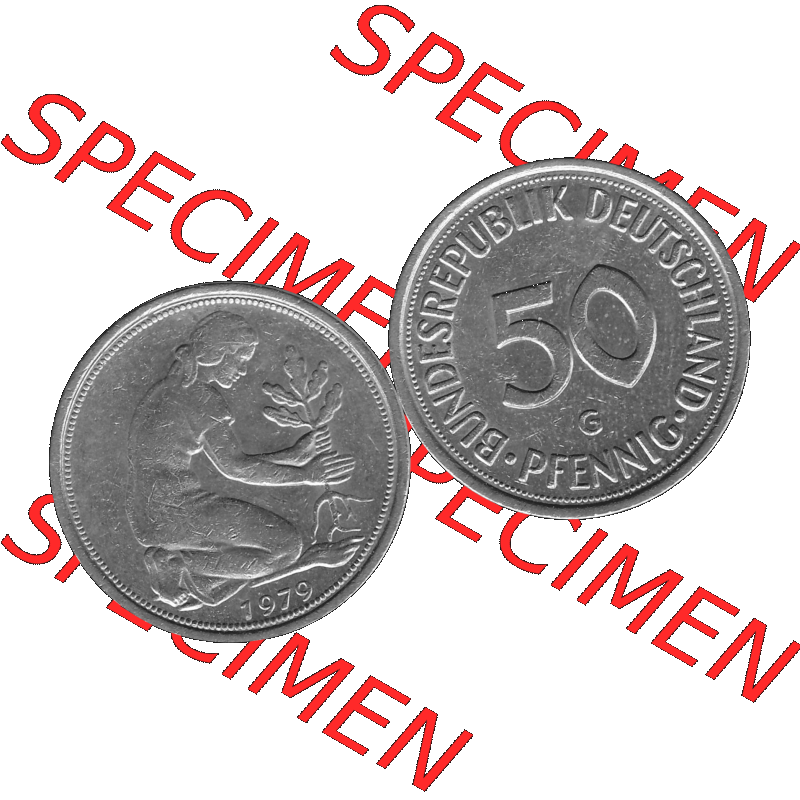 BRD Münzen 50 Pf. Umlaufmünze in graustufen PNG 1950-2001, 50 Pfennig 1979, 1970er Jahre Mzz. für Karlsruhe G-01 Graustufen. PNG Computer-Grafik in Graustufen... Sammlung