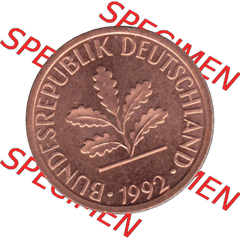 BRD Münzen 1 Pfennig Umlaufmünze in Farbigen PNG 1950-2001, 1 Pfennig 1992, 1990er Jahre J-01. Vorderseite der digitalisierte 1 Pfennig J, mit Mzz. J für... Sammlung