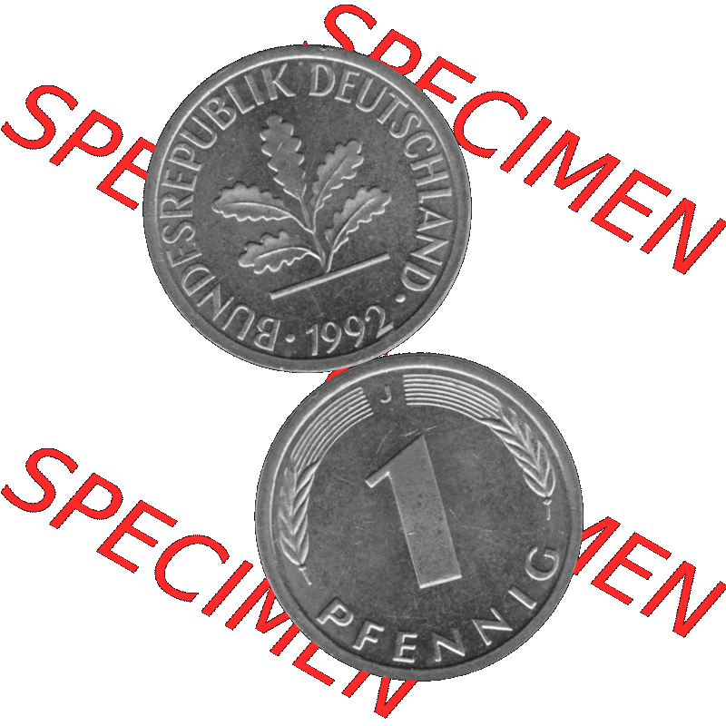 BRD Münzen 1 Pfennig Umlaufmünze in Graustufen PNG 1950-2001, 1 Pfennig 1992, 1990er Jahre J-01. Graustufen-Bild erstellt aus Farbigen Bild mit Vorderseite und Rückseite... Sammlung