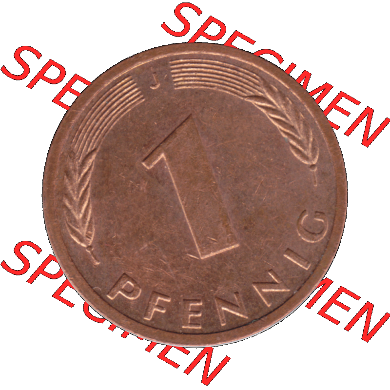 BRD Münzen 1 Pfennig Umlaufmünze in Farbigen PNG 1950-2001, 1 Pfennig 1990, 1990er Jahre J-01. Rückseite mit Wert-Zahl der digitalisierten 1 Pfennig J, mit Mzz.... Sammlung