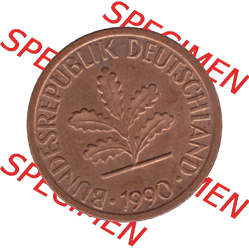 BRD Münzen 1 Pfennig Umlaufmünze in Farbigen PNG 1950-2001, 1 Pfennig 1990, 1990er Jahre J-01. Vorderseite der digitalisierte 1 Pfennig J, mit Mzz. J für... Sammlung