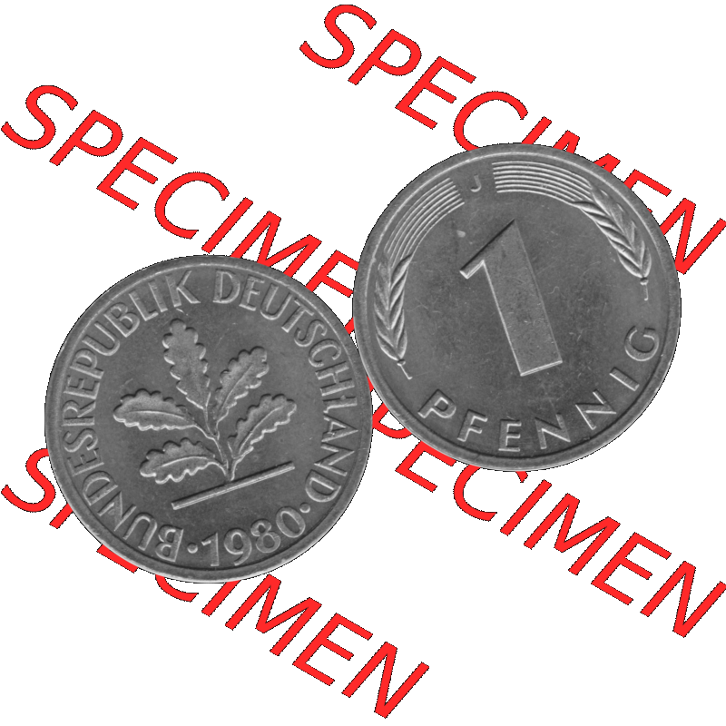BRD Münzen 1 Pfennig Umlaufmünze in Graustufen PNG 1950-2001, 1 Pfennig 1980, 1980er Jahre J-01. Graustufen-Bilder der Vorderseite und Rückseite mit Wert-Zahl auf einen... Sammlung