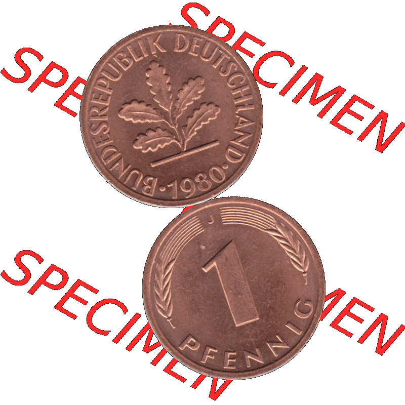 BRD Münzen 1 Pfennig Umlaufmünze in Farbigen PNG 1950-2001, 1 Pfennig 1980, 1980er Jahre J-01. Farbiges PNG-Bilder der 1 Pfennig Münze der BRD-Jahre. Vorderseite... Sammlung